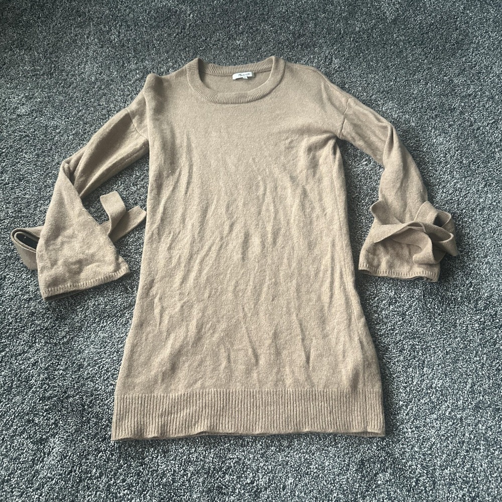 Madewell Sweater Womens Small Beige Merino Wool Tunic Bell Sleeve Tie Cuff Knit